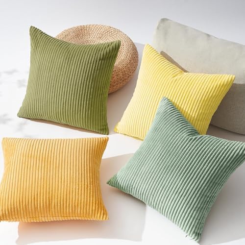 Topfinel Summer Throw Pillows Covers 16x16 Inch Set of 4,Yellow Sage Green Colorful Decorative Vanilla Girl Room Decor Cushion Cases,Couch Sofa Living Room Striped Corduroy Modern Home Decor - Image 4