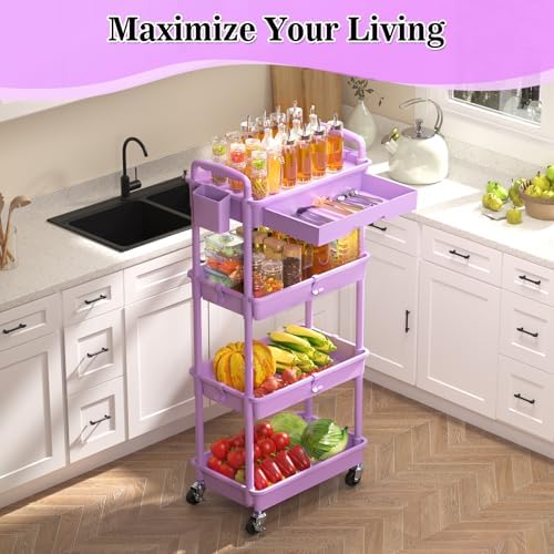 SUNALLY 4 Tier Rolling Cart with Drawer,Craft Storage Cart Organizer,Purple - Image 2