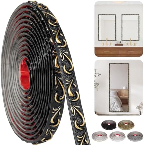Black Gold Flexible Crown Molding Trim, 0.8" x 16.4 FT Single Roll, Embossed Floral Peel and Stick Trim for Mirror, Wall and Furniture Indoor Decoration by TopZenMarketplace
