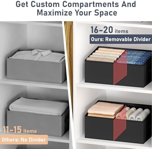 DIMJ Large Closet Shelf Organizer Bins 8 Packs with Handles and Divider, Fabric Trapezoid Storage Baskets, Foldable Clothes Containers Box for Shelf, Towel, Book, Toy, Purse, Hats, Black - Image 2