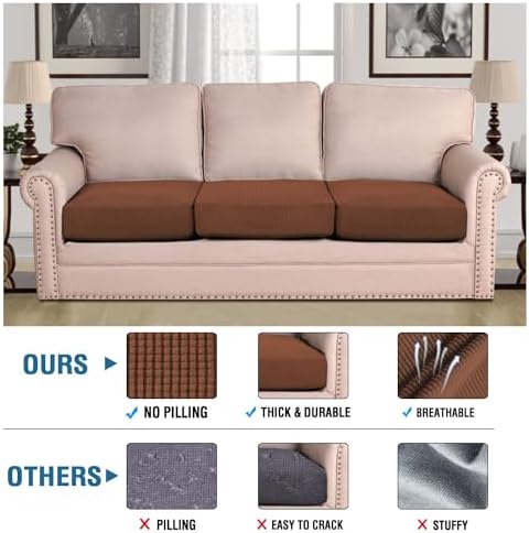 H.VERSAILTEX Super Stretch Individual Seat Cushion Covers - Sofa & Couch Cushion Slipcover Sets - Thick Jacquard Textured Twill Fabric (3 Piece, Caramel) - Image 2