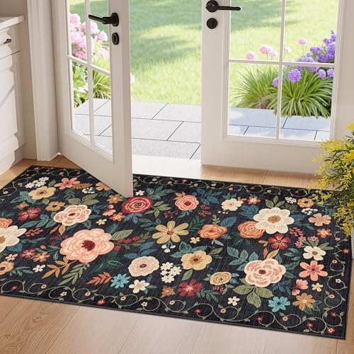 DUKINO 2x4 Entryway Rug, Floral Washable Kitchen Rugs Non Slip, Black by DUKINO