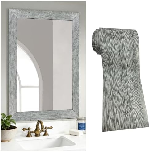 DESOMINOR 32FT Peel &Stick Wood Grain Wallpaper Border Removable Waterproof Bathroom Mirror Frame Sticker (Grey, 3.93Inch X 32.8Ft) by DESOMINOR