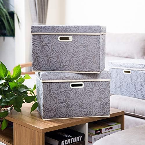 PRANDOM Large Storage Boxes with Lids [3-Pack] Fabric Decorative Storage Bins Cubes Organizer Containers Baskets with Handles for Closet Grey 17.7x11.8x11.8 In For 6+ Year Old Boys and Girls - Image 2