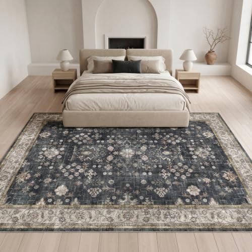 Washable 8x10 Area Rug, Distressed Persian-Style Geometric Floral Rug - Image 2