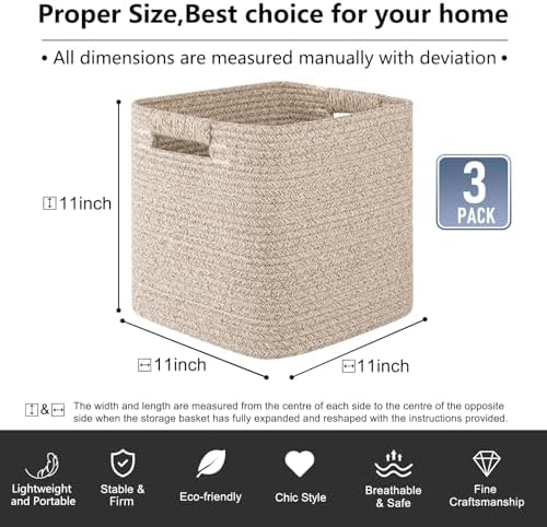OIAHOMY Storage Cubes 11 Inch Storage Bins 3-Pack Square Baskets Brown - Image 3