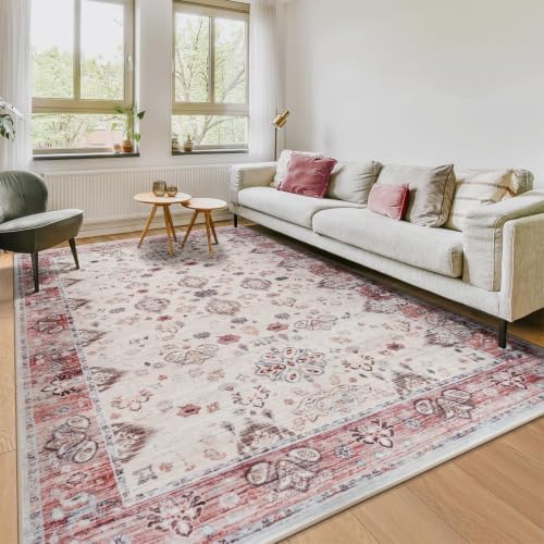 Hanples 6x9 Area Rugs for Living Room, Washable Rug Vintage Floral, Red - Image 3