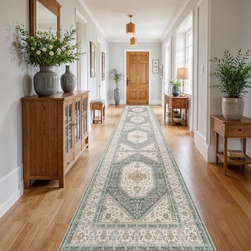 3x20 Washable Hallway Runner Rug - Non-Slip Wide Vintage Rugs Green Beige by Puino