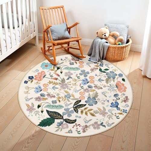 Washable Floral Round Rugs for Bedroom - 4x4 Feet Circle Area Rugs for Living Room Nursery Non-Slip Stain Resistant Ultra Soft Carpet for Teen Girls and Boys Dorms Home Decor Aesthetic(4ft,Cream) - Image 2