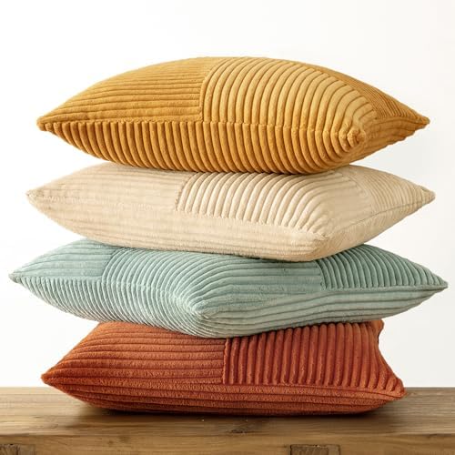 MIULEE Fall Teal-Orange Decorative Throw Pillow Covers 22x22 Inch Set of 4 Boho Corduroy Striped Cushion Cases Modern Farmhouse Patchwork Pillow Cases for Couch Sofa Bedroom Home Decor - Image 6