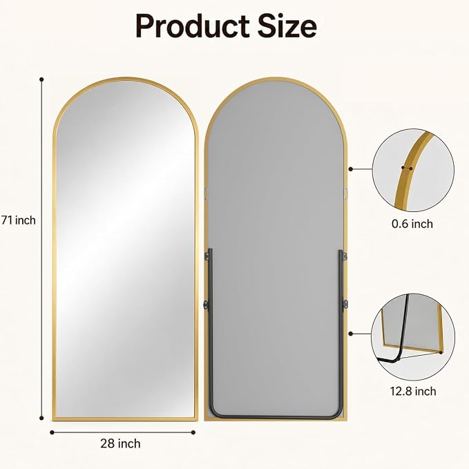 Antok Full Length Mirror, 71"x28" Floor Mirror with Stand, Gold, Arched - Image 7