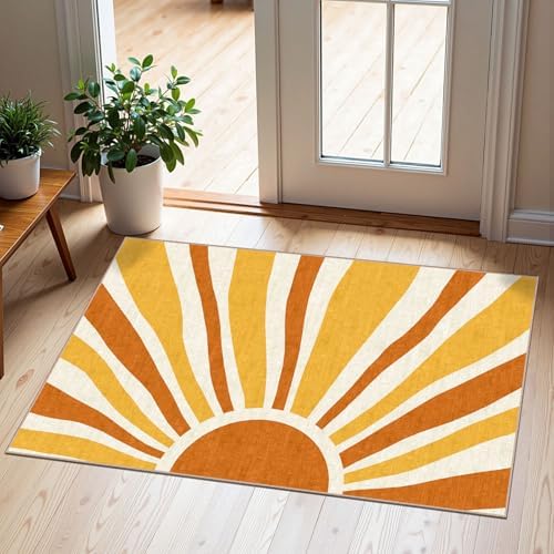Front Door Mat Indoor Outside Entrance - 2x3 Orange Boho Sun Rug by Othilic