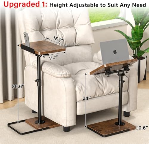 TV Tray Table for Couch, Height Adjustable/360° Swivel/180° Flip-Over Panel Design C-Shaped End Table, Sofa Arm End Side Table with Phone & Tablet Slot for Eating, Laptop,Couch Bed (Vintage Brown) - Image 2