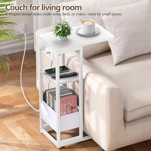 C Shaped End Table with Charging Station, Small Side Table for Couch Recliner, Slide Under Sofa Desk Snack Tables with Storage Bag & AC / USB Outlet, Small Spaces Drink Tables for Living Room, Bedroom - Image 4