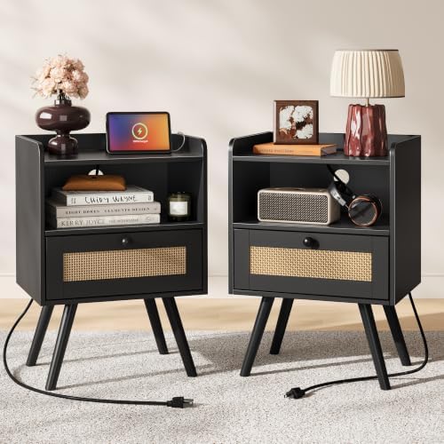 SUPERJARE Nightstands with Charging Station, Bedside Table Set of 2, Black by SUPERJARE