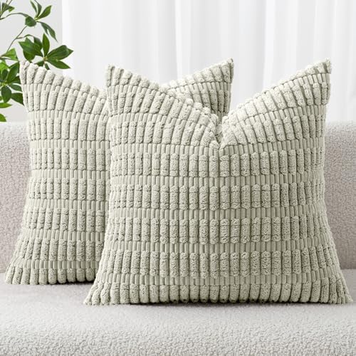 MIULEE Corduroy Decorative Throw Pillow Covers 16x16 Light Green Pack of 2 by MIULEE