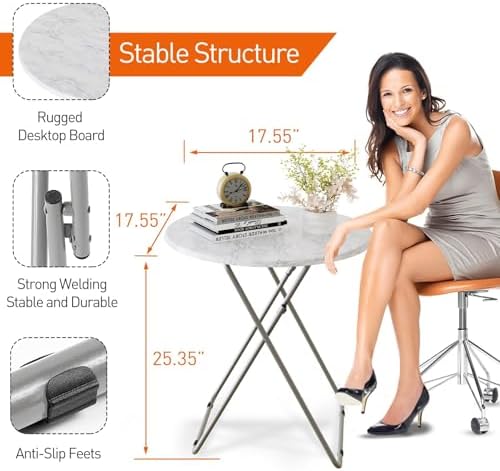 TV Trays Table Set of 4 Round Portable Folding TV Tray Table TV Dinner Tray with Sturdy MDF, No Assembly Required, 17.5 x 17.5 x 26 in (White Marble, 4Pcs) - Image 4