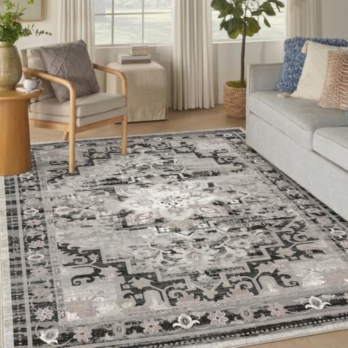 Washable Area Rug 8x10, Grey Vintage Persian Style Floral Living Room Rug by Unknown