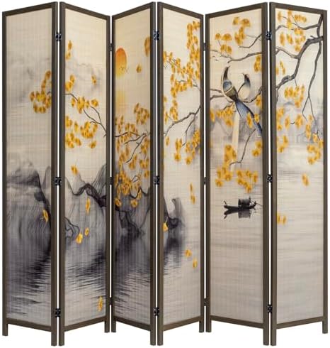 MyGift 6-Panel Large Bamboo Room Divider with Dual-Sided Asian Birds and Gingko Tree Sunset Print, Freestanding Privacy Screen with Brown Solid Wood Frame by MyGiftHome