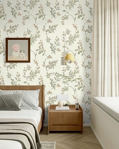 Vinjiasin Peel and Stick Wallpaper Beige Floral Contact Paper Vintage Flower Leaf Self Adhesive Removable Wall Paper for Bathroom Bedroom Livingroom 16.1"x 118" - Image 2