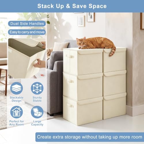 Bagnizer Large 42 Quarts Collapsible Stackable Storage Bins Cube with Lids [3-Pack] Foldable Fabric Linen Storage Boxes, Closet Organizer Baskets with Label for Home (16.7 x 12 x 12, Beige) - Image 5