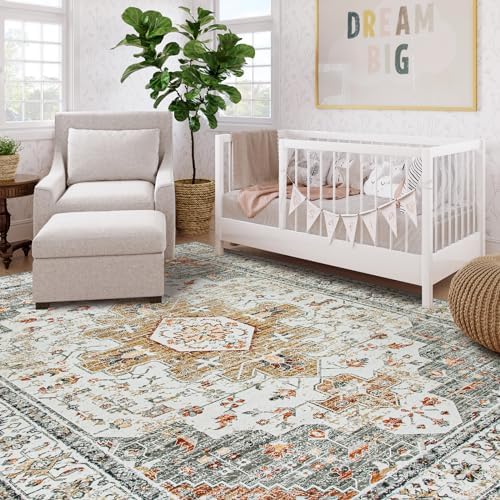 Moynesa Ultra-Thin Washable Area Rug 8x10, Large Living Room Rugs for Bedroom Under Dining Room Table, Vintage Oriental Medallion Printed Low Pile Carpet for Home Office Decor, Beige/Gold - Image 7
