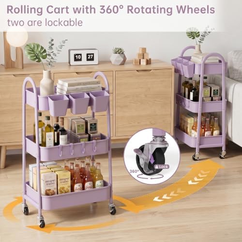 danpinera 3-Tier Rolling Cart, Utility Cart Mobile Metal Rolling Storage Cart with Lockable Wheels & Hanging Cups & Hooks for Kitchen, Bathroom, Office, Workshop, Purple - Image 4
