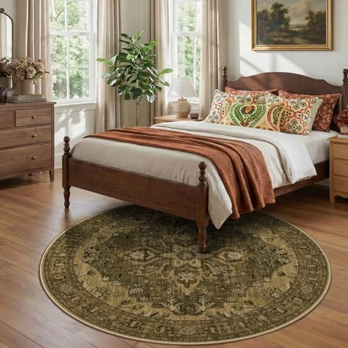RELEANY Washable Area Rug, Round 7ft, Brown/Dark Brown - Image 2
