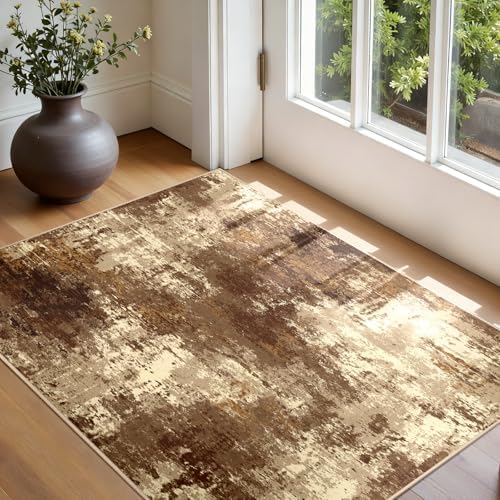 RELEANY Washable 3'x5' Abstract Area Rug for Living Room Brown Tan - Image 3
