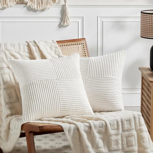 Fancy Homi 2 Packs Cream White Decorative Throw Pillow Covers 20x20 Inch for Living Room Couch Bed Sofa, Farmhouse Boho Home Decor, Soft Corss Corduroy Patchwork Accent Square Cushion Case 50x50 cm by Fancy+Homi