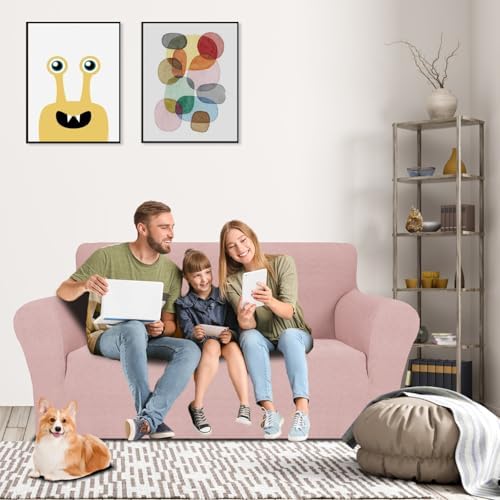 MAXIJIN Loveseat Cover Sofa Covers (55"-69"), 1-Piece Stretch Couch Covers for 2 Cushion Couch Love Seat Slipcover with Elastic Bottom for Kids,Dog (Loveseat, Diamond Pattern Dusty Pink) - Image 2