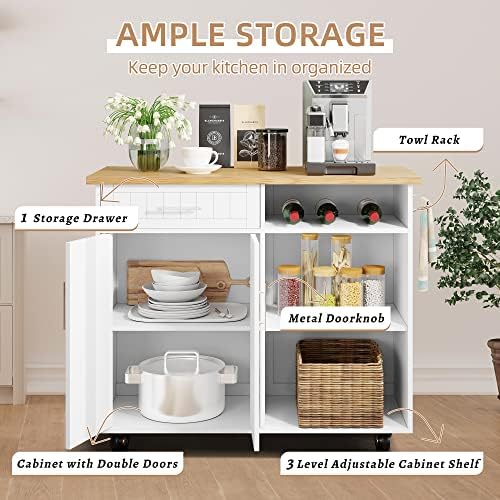 Shintenchi Kitchen Island Cart with Storage,Rolling Kitchen Island Side Table on Wheels with Large Worktop,Storage Cabinet,Towel Rack and Drawers for Kitchen,Dinning Room,Black - Image 4