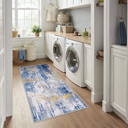 RELEANY Washable Runner 3'x6' Abstract Area Rug for Hallway Blue Gold - Image 3