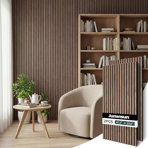 Acoustic Wall Panels, 2 Pack Wood Slat Wall Panel, Soundproof Wall Panels, 3D Textured Wall Decor for Ceiling and Wall, 47.2" x 23.6", in Walnut Finish by Junwisun