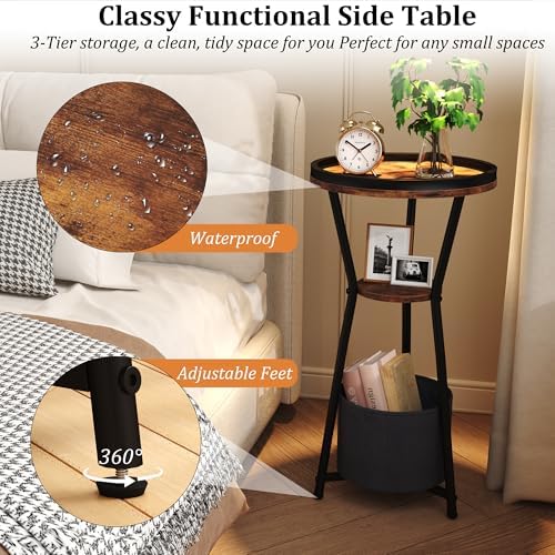 Yusong Round Side Table, Small Drink Table for Small Spaces, 3-Tier Industrial End Table, Accent Nightstand Bedside Table for Living Room, Bedroom, Sofa Couch, Rustic Brown - Image 4