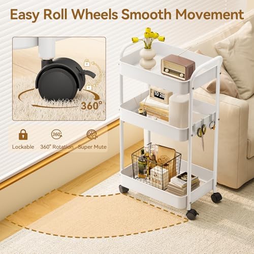 YASONIC 3-Tier Metal Rolling Cart Utility Carts with Wheels White - Image 3