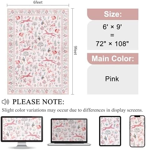 DUKINO 6x9 Area Rug, Washable Animal Living Room Rug Non Slip, Pink - Image 2