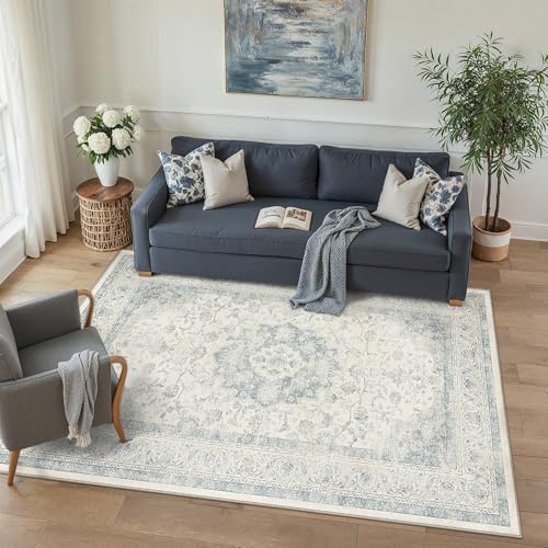4x6 Blue Washable Area Rug Non Slip Vintage Carpet - Image 3