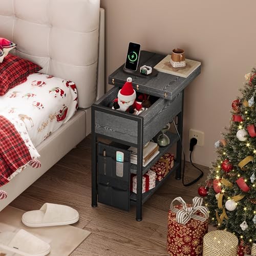End Table with Charging Station, Flip Top Nightstand with USB Ports and Outlets,Couch Side Table with Fabric Bag and Hooks, Bedside Table for Space Saving, Living Room, Bedroom (Grey) - Image 4