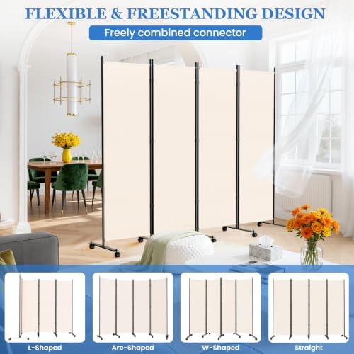 SUNALLY Room Divider Privacy Screens, 8 Panels Dividers with Wheels, Beige - Image 4