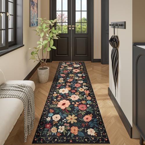 DUKINO 2x10 Runner Rug, Floral Washable Kitchen Runner Rug Non Slip, Black - Image 5