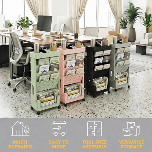 5-Tier Rolling Bookshelf Magazine Rack with Wheels Green - Image 7