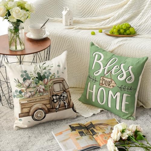AVOIN colorlife Bless Our Home Farmhouse Eucalyptus Leaves Throw Pillow Covers, 16 x 16 Inch Green Truck Home Sweet Cushion Case Decorations Set of 4 - Image 4
