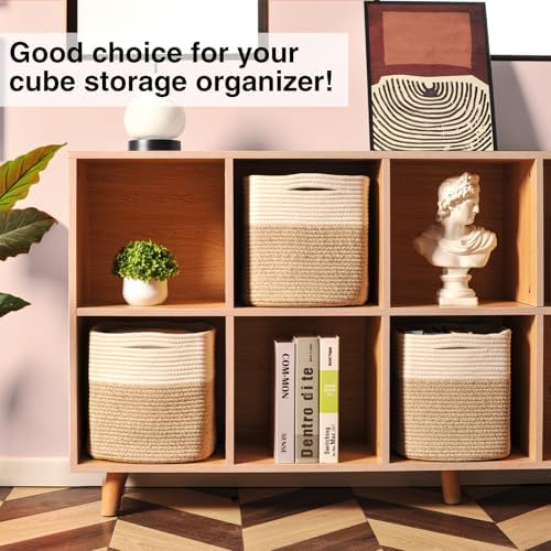 11 Inch Cube Storage Bins, 11x11 Organization Bins for Cube Organizer, Square Cloth Storage Cubes, Woven Storage Baskets for Shelves, Toy Baskets Storage Kids, Off White & Brown (Pack of 3) - Image 4