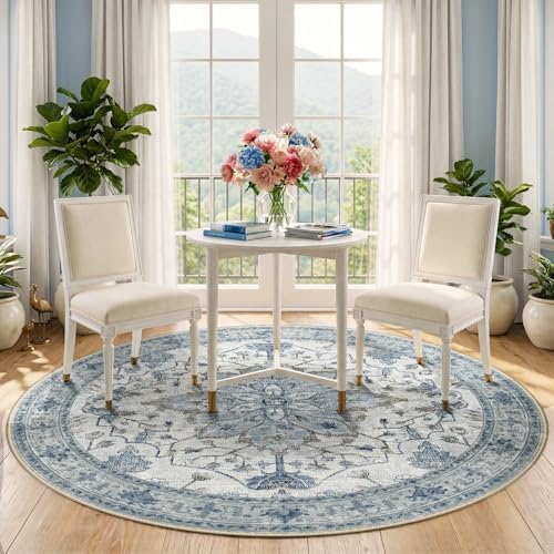 RELEANY Washable Area Rug, Round 5ft, Blue/White/Gray - Image 3