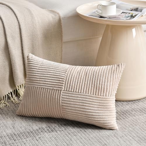 Fancy Homi 2 Packs Tan Lumbar Decorative Throw Pillow Covers 14x24 Inch for Living Room Couch Bed Sofa, Boho Home Decor, Soft Striped Corduroy Rectangle Accent Beige Cushion Case 35x60 cm - Image 2