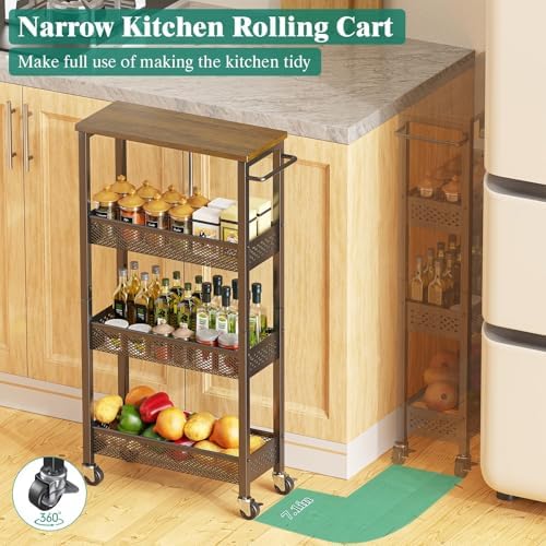 Giwil Slim Rolling Storage Cart 4 Tier Bathroom Organizer Mobile Shelving Unit Utility Cart with Wood Top and Handle for Kitchen Laundry Narrow Places, Black - Image 3