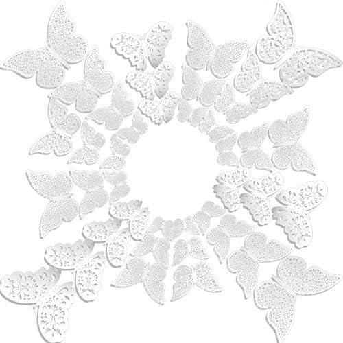 Bememo 72 Pcs 3D Butterfly Wall Decals, 3 Sizes,White | Metallic Hollow Design for Bedroom Living Room, Removable Adhesive Wall Decor, Easy Peel Stick Party Decoration Stickers - Image 3