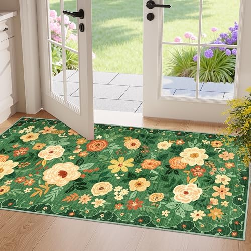 DUKINO 2x4 Entryway Rug, Floral Washable Kitchen Rugs Non Slip, Dark Green by DUKINO
