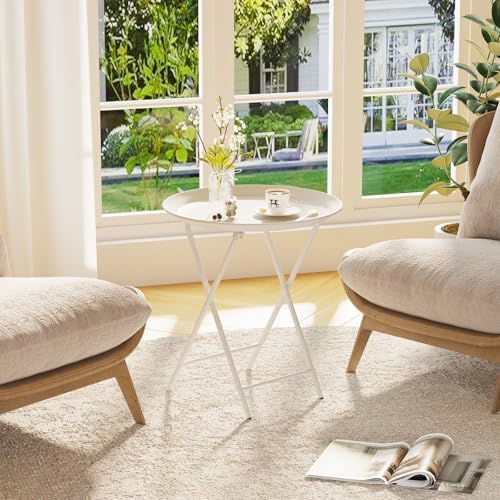 Garden 4 you Folding TV Tray Table, Metal Round Side Table, White Dinner Table with Metal Frame, Modern Outdoor Tray Table for Living Room, Bedroom, Patio & Small Spaces, 2 Packs - Image 6